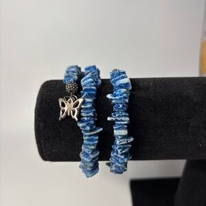 Blue Chip Bead Coil Bracelet Butterfly Charm Silver Tone Boho Wrap Style